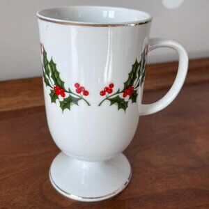 Vintage Porcelain Christmas Holly Mug Made in Japan Pedestal Cup Gold Trim